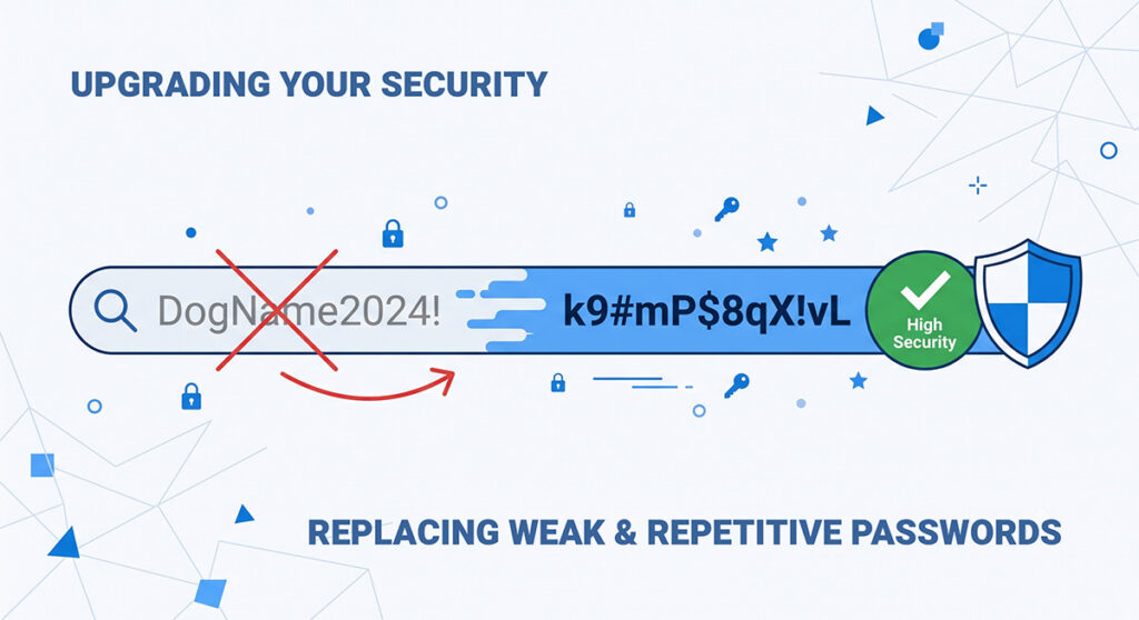 An infographic titled "UPGRADING YOUR SECURITY" at the top and "REPLACING WEAK & REPETITIVE PASSWORDS" at the bottom illustrates the transformation of a weak password into a strong one within a single input field. The left side of the field, which has a white background and a search icon, displays the weak password example text "DogName2024!" and is marked by a large red "X" and an arrow pointing right. The right side of the field turns blue to show the secure version, featuring the strong, randomized password "k9#mP$8qX!vL". Adjacent to this strong password is a green circle with a white checkmark and the text "High Security" below it, followed by a blue shield icon. The background is a clean light blue to white gradient scattered with abstract light blue security icons of padlocks, keys, stars, circles, and triangles connected by thin lines suggesting a network.